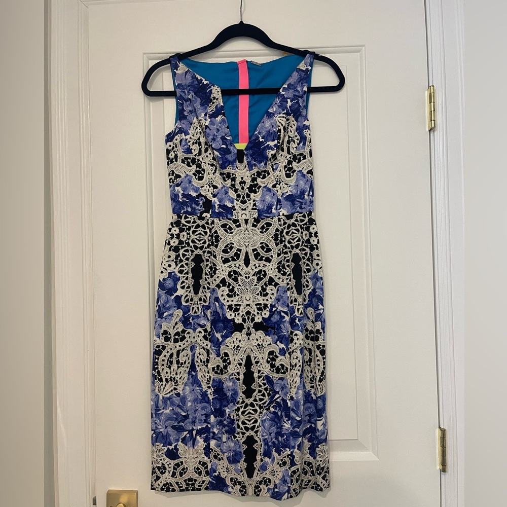Elie Tahari Nessa Floral & Lace Print Ponte Stretch Exposed Zipper Dress
